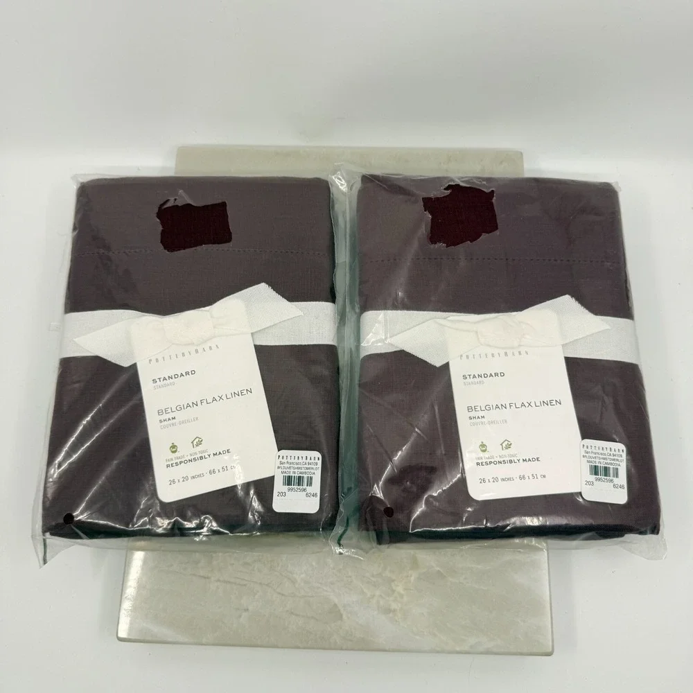 Pottery Barn Merlot Belgian Flax Linen Standard Shams Set Of 2 Luxury NEW